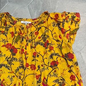 Rose + Olive Yellow Floral Split-Neck Blouse – Size XL
